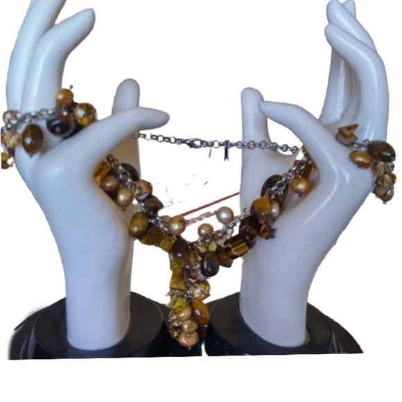 Necklace and Bracelet Set, Tiger's Eye,  champagne pearl and crystal elements - Picture 2 of 9